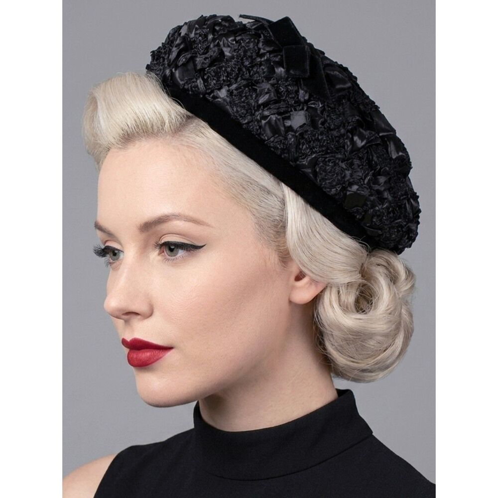 Vintage 1960s MISS IRENE Satin Black Straw Raffia Velvet Hat 60s 50s Pillbox